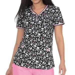 Tokidoki By Koi Henley Scrub Top S Skulls Print Black Short Sleeve Stretch